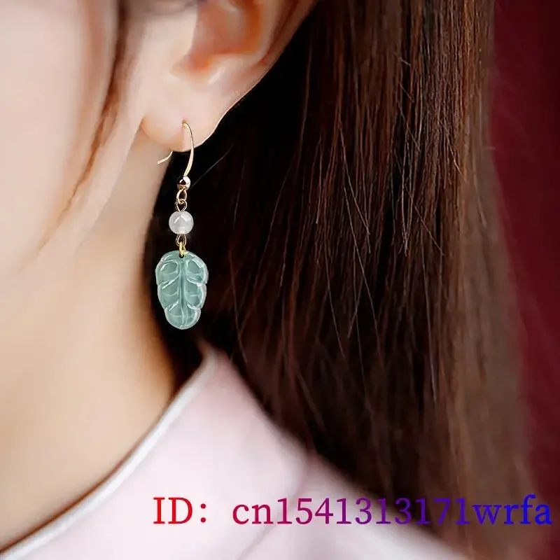 Burmese Jade Leaf Earrings Accessories Natural Gemstones Stone 925 Silver Jewelry Blue Gifts Carved Women Amulets Charm Jadeite