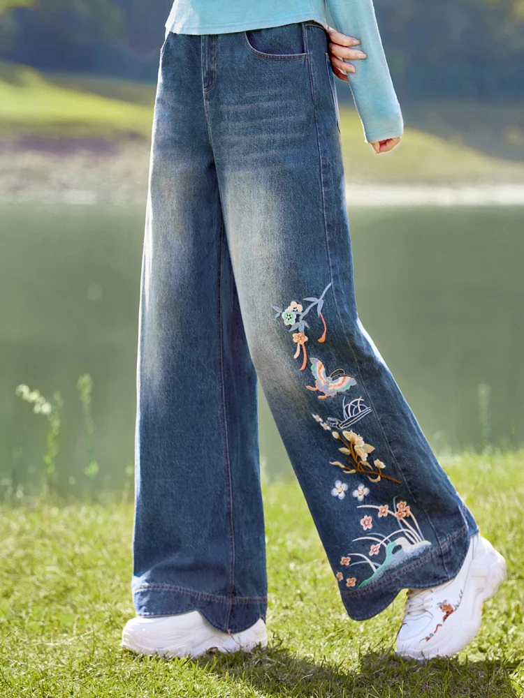 

Джинсы женские с цветочной вышивкой, широкие, прямого кроя, в стиле ретро, повседневные, синие, весенние