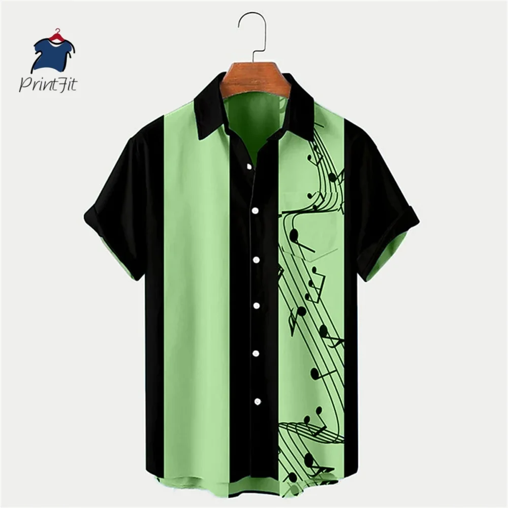 

2025 Summer Shirt For Men Hawaiian Short-sleeved T Shirts Musical Note Print Boys Girls Beach Travel Tops Casual Lapel Clothing