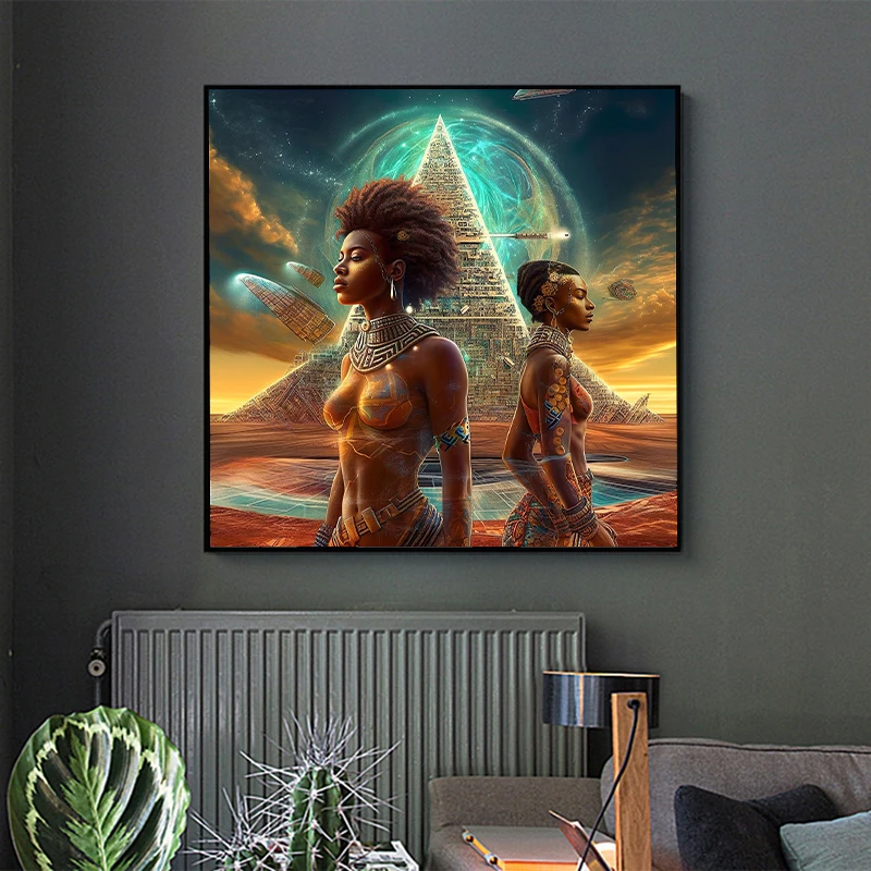 

African Art Woman and Tower Fantasy Wall Art Posters and Prints American Art Canvas Painting For Living Room Home Decor Pictures