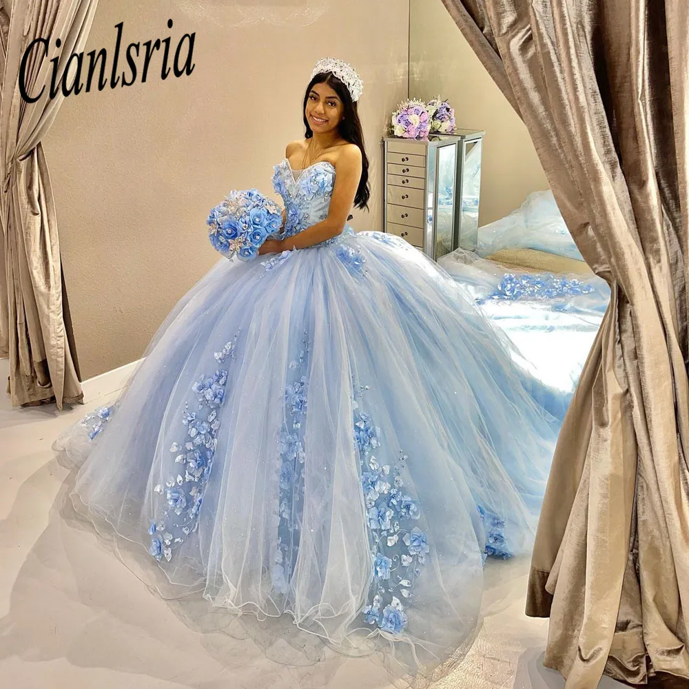 Céu azul flores artesanais vestido de baile quinceanera vestidos fora do ombro apliques de renda 15 16 anos