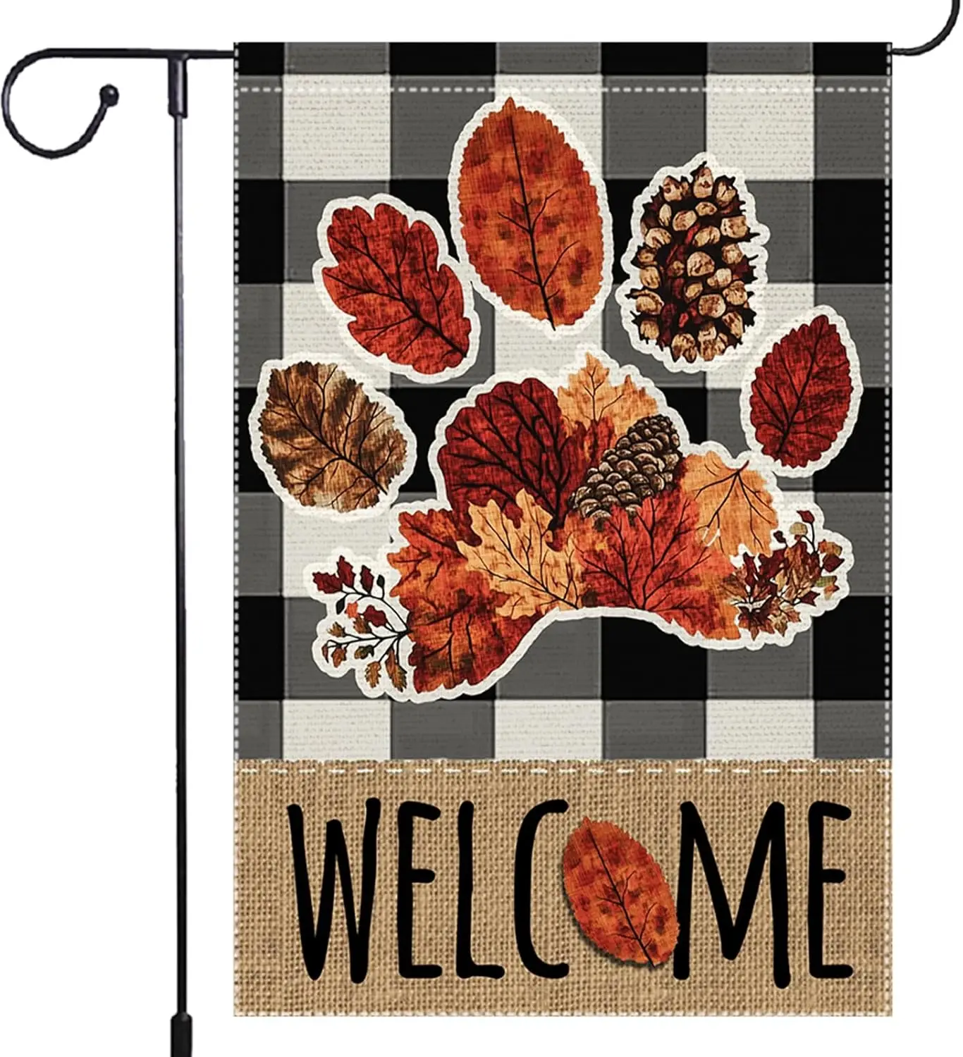 Welcome Paw Print Fall Garden Flag 12x18 Inch Double Sided Outside, Autumn Maple Leaf Buffalo Plaid Vertical Small Burlap De EEZ