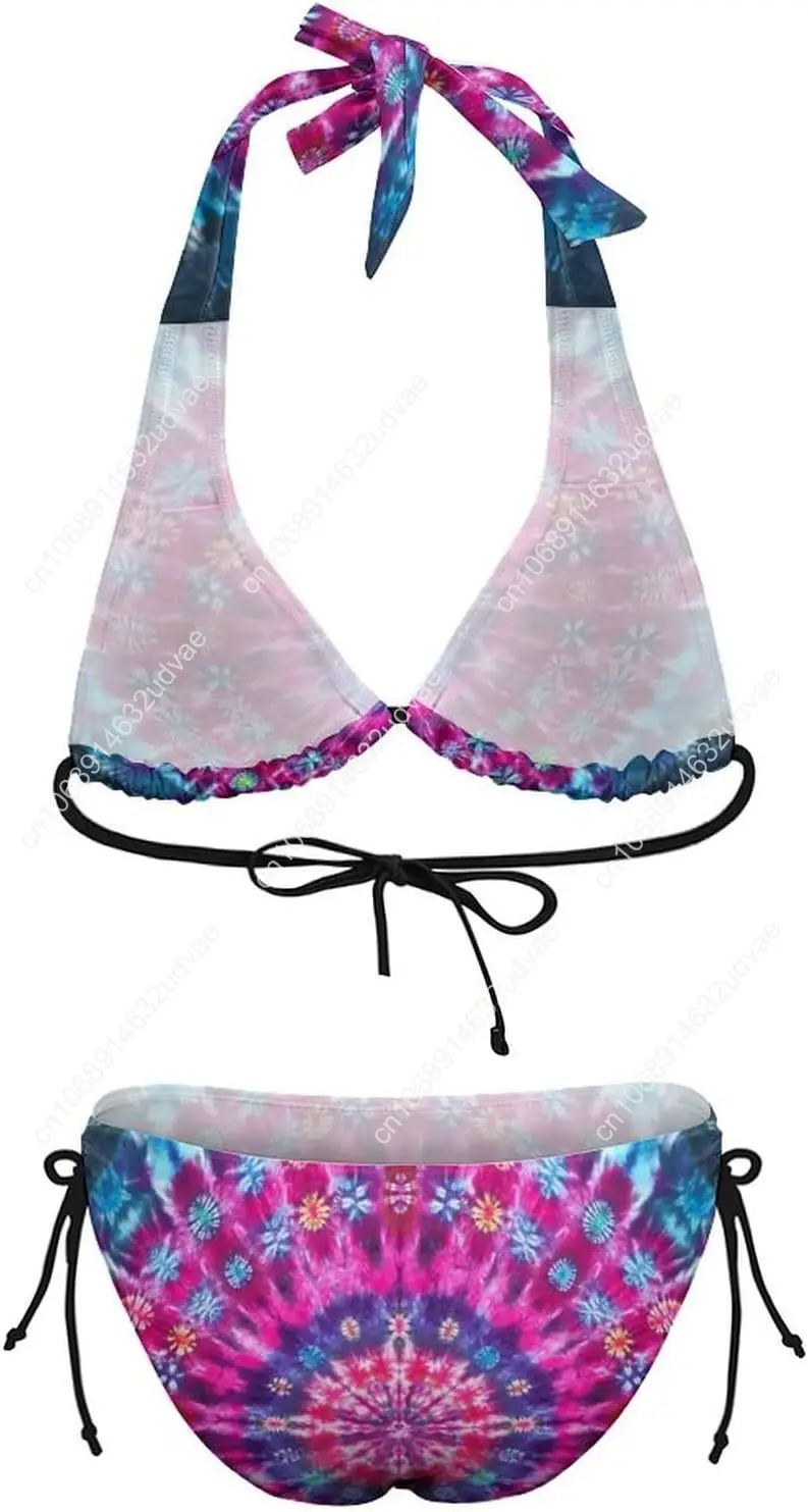 Women's Two Piece Tie Dye Bikini Set Halter Padded Top Tie Side Bottom Swimsuit