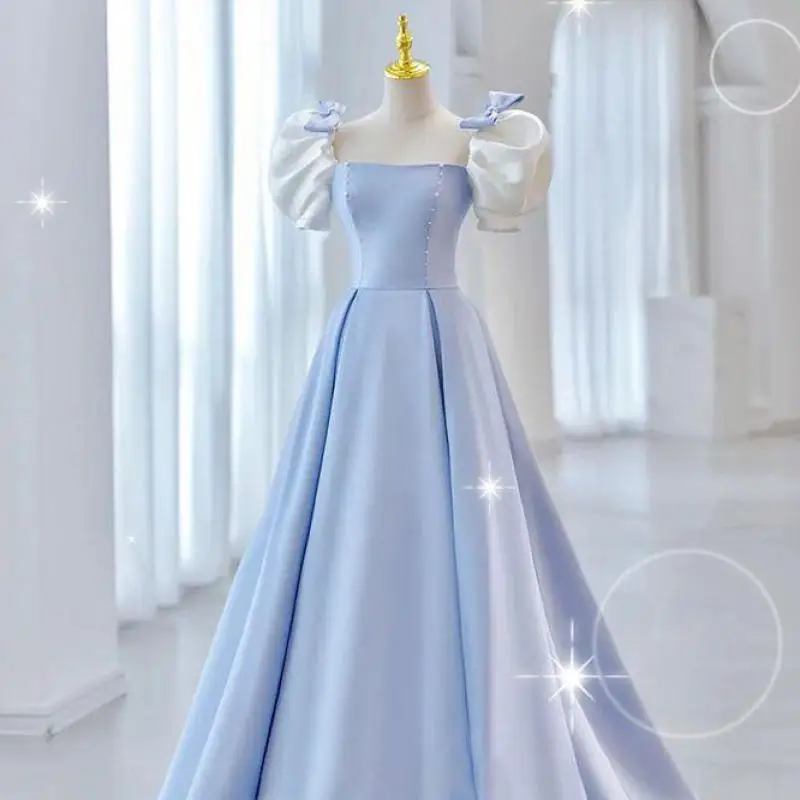 Vestidos De Quinceañera De satén con cuello cuadrado para mujer, elegante Vestido De noche De graduación con lazo y perlas, manga De linterna, nuevo