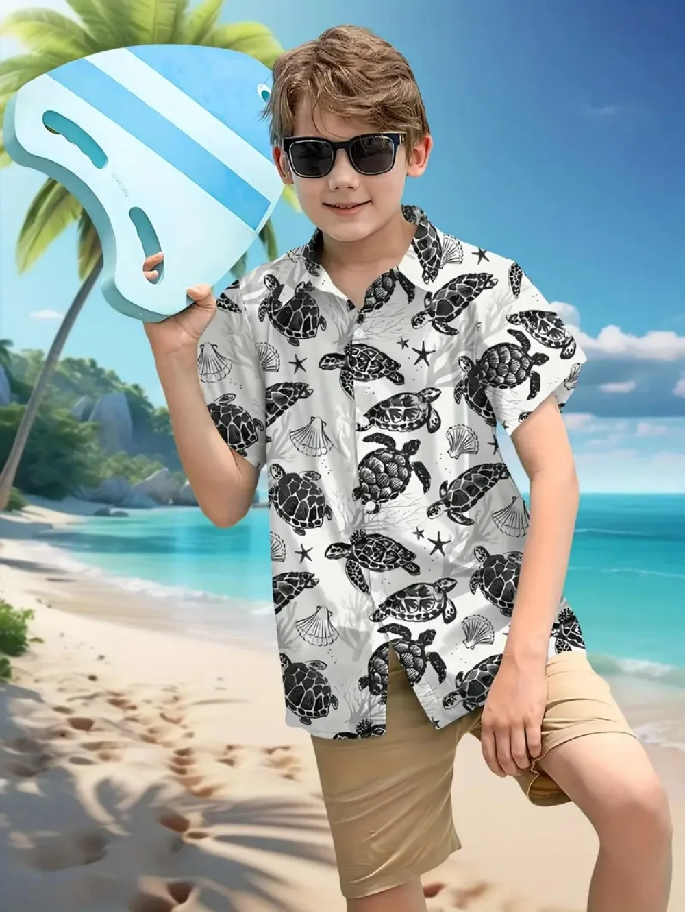 Kid's Boys Top Fashion Personality Print Pattern Stand-Up Collar Short Sleeved Shirt Summer Clothes for Children Boy's 3-9 Years