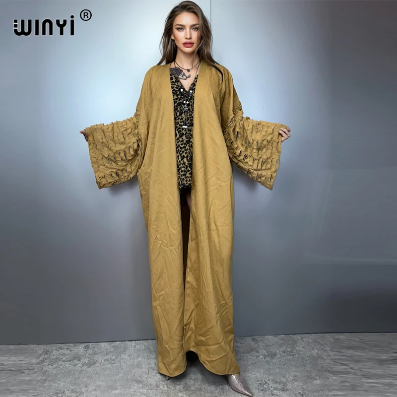 WINYI kimono bohemian maxi dress beach wear cover-up muslim woman abaya dubai luxury Cardigan beach outfits Broke jeans coat