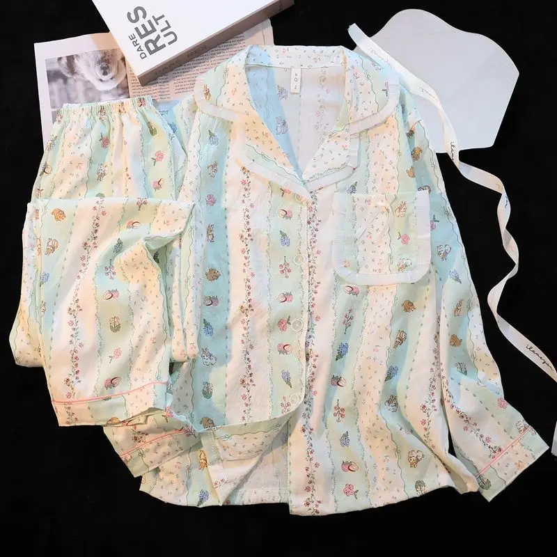 New 2/pce Set Women Spring Autumn Cute Pink Wrinkled Cloth Pajama Woman Casual Fashion Loungewear Lady Long Sleeves Pants Pajama