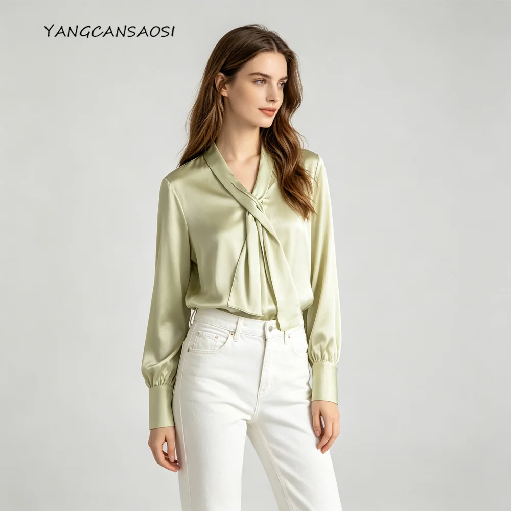 2026 Women's Fashion Autumn New 19MM 93% Natural Mulberry Silk Elastic Satin Yellow Green Long Sleeved Ribbon Versatile Shirt