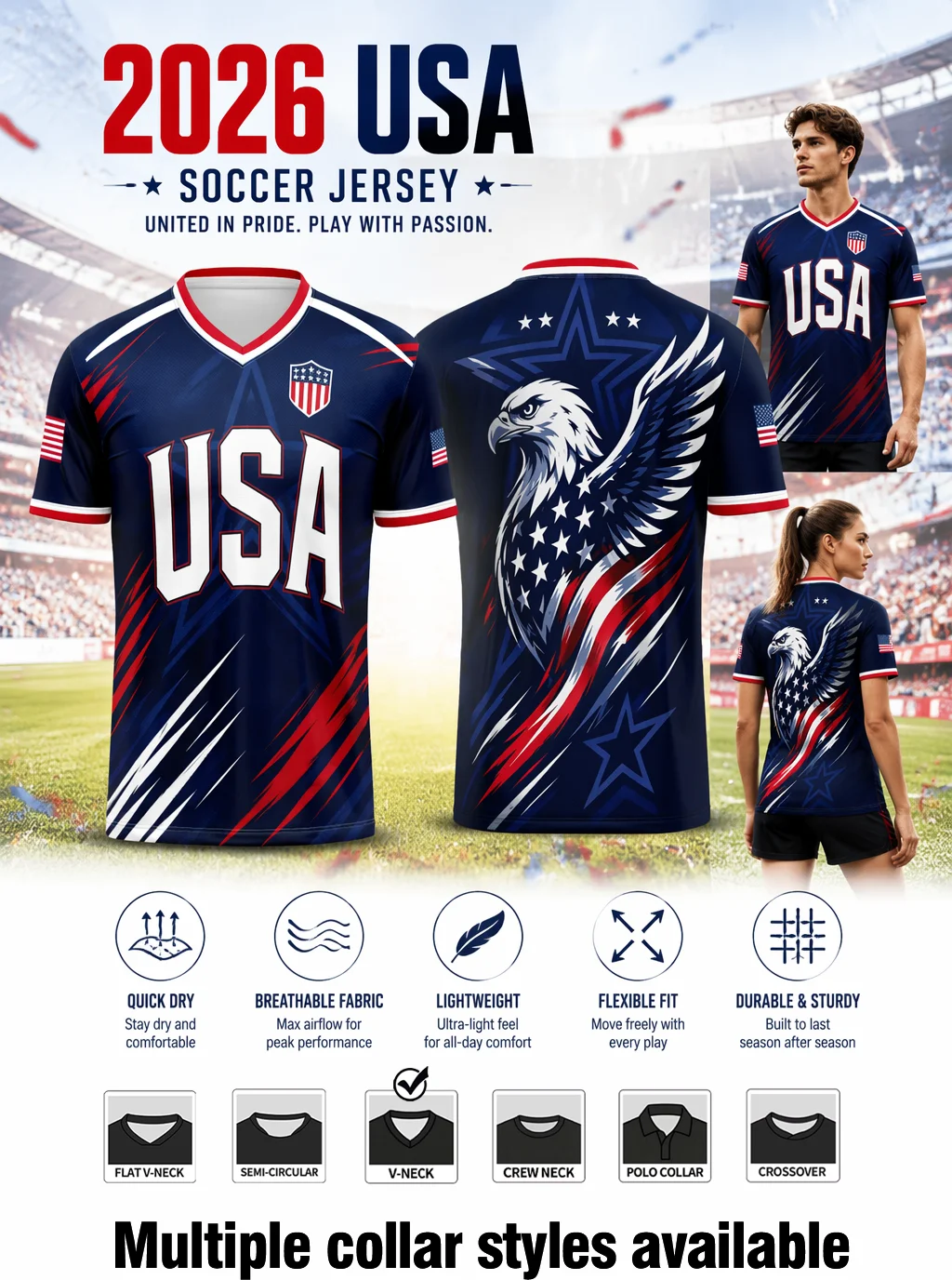 2026 USA soccer jersey printed with patriotic bald‑eagle and star pattern, quick‑dry fabric, six optional collar styles