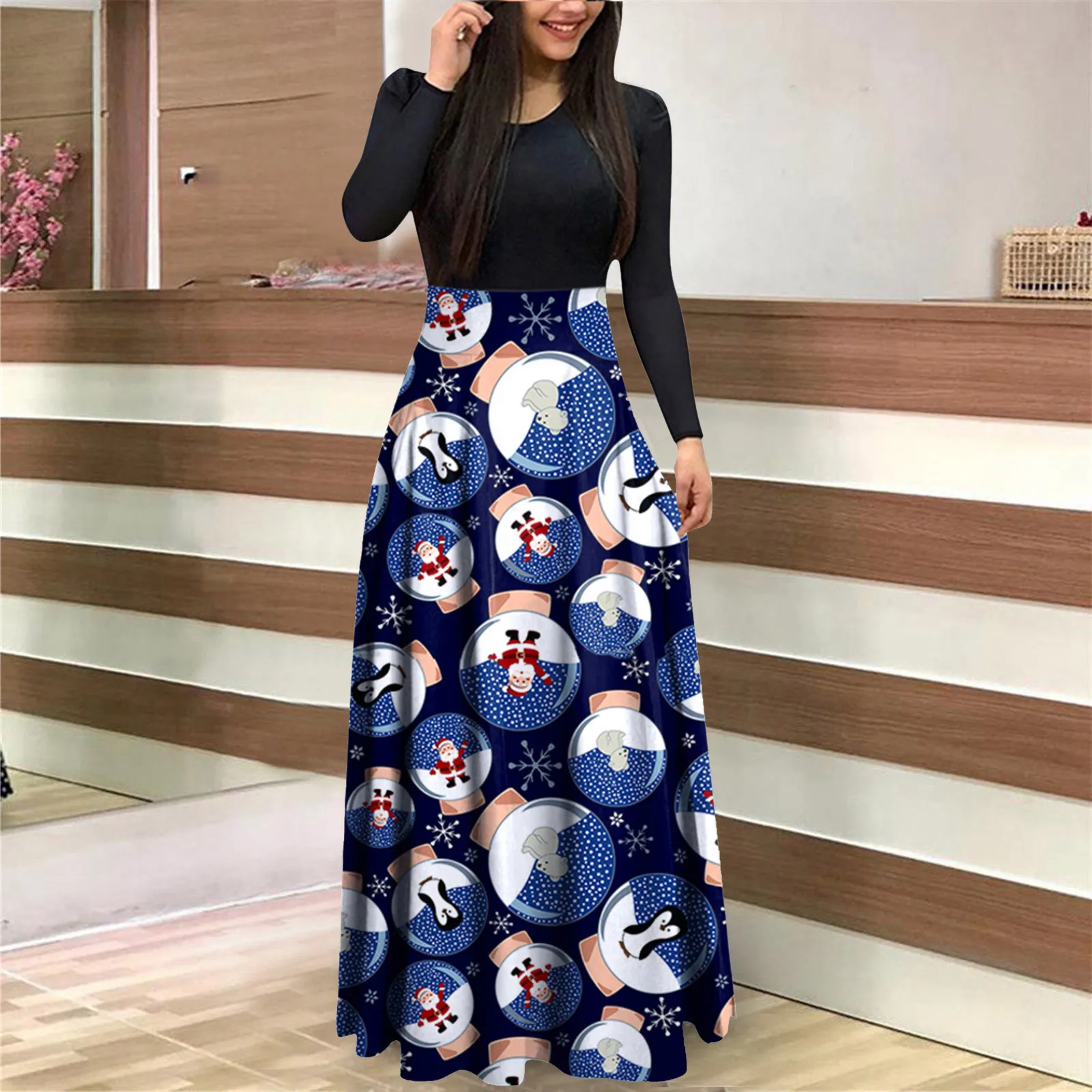 Vintage Christmas Print Casual Female Maxi Evening Dress Christmas Women Loose Dress Autumn V-neck Long Sleeve Party Dresses