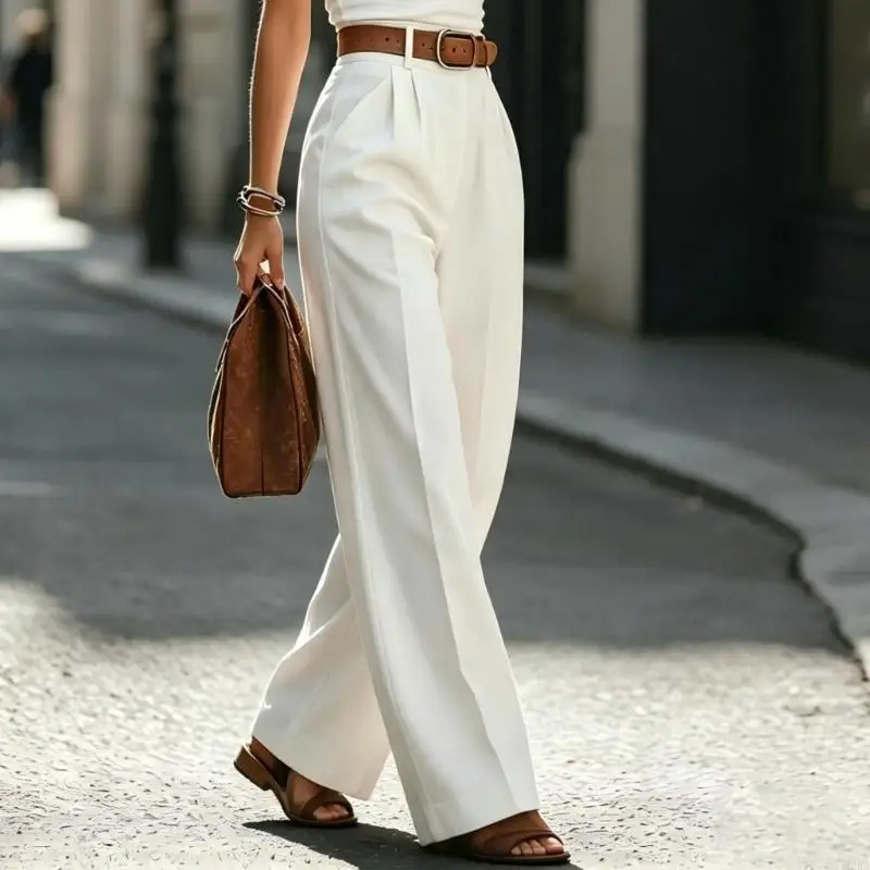 2026 New Women's Wide Leg Work Trousers High Rise Pleated Dress Pants with Side Pockets for Business Casual Daily Outfits