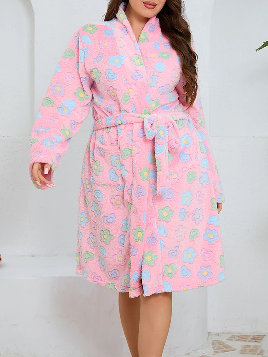 Women s Winter Plush Fleece Robe with Shawl Collar and Floral Print Long Sleeve Warm Bathrobe in Plus Size with Belt