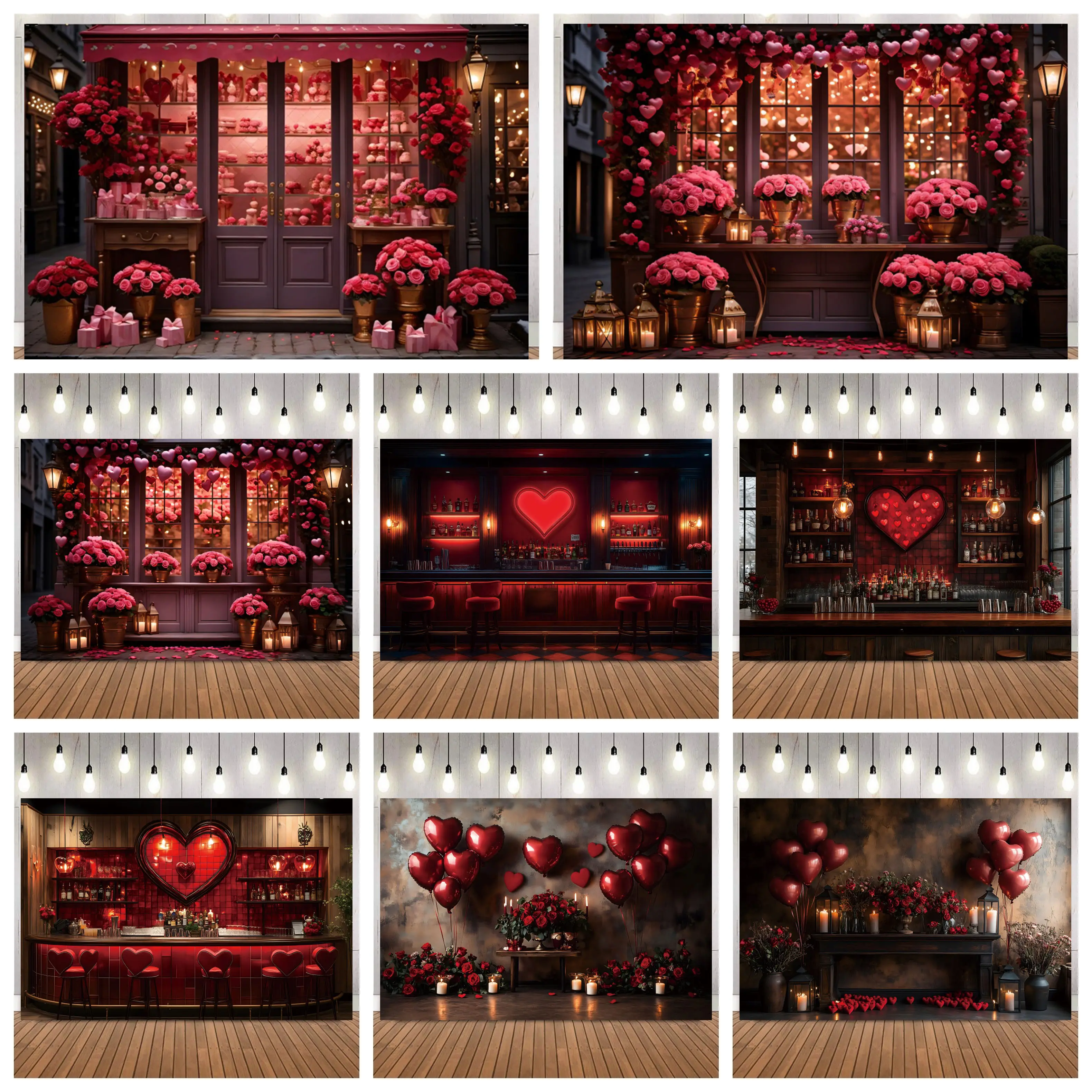 

Романтический День святого Валентина Цветочный магазин Бар Фотофон Сердце Тематический фон для фотосъемки на годовщину свадьбы Декор для вечеринки