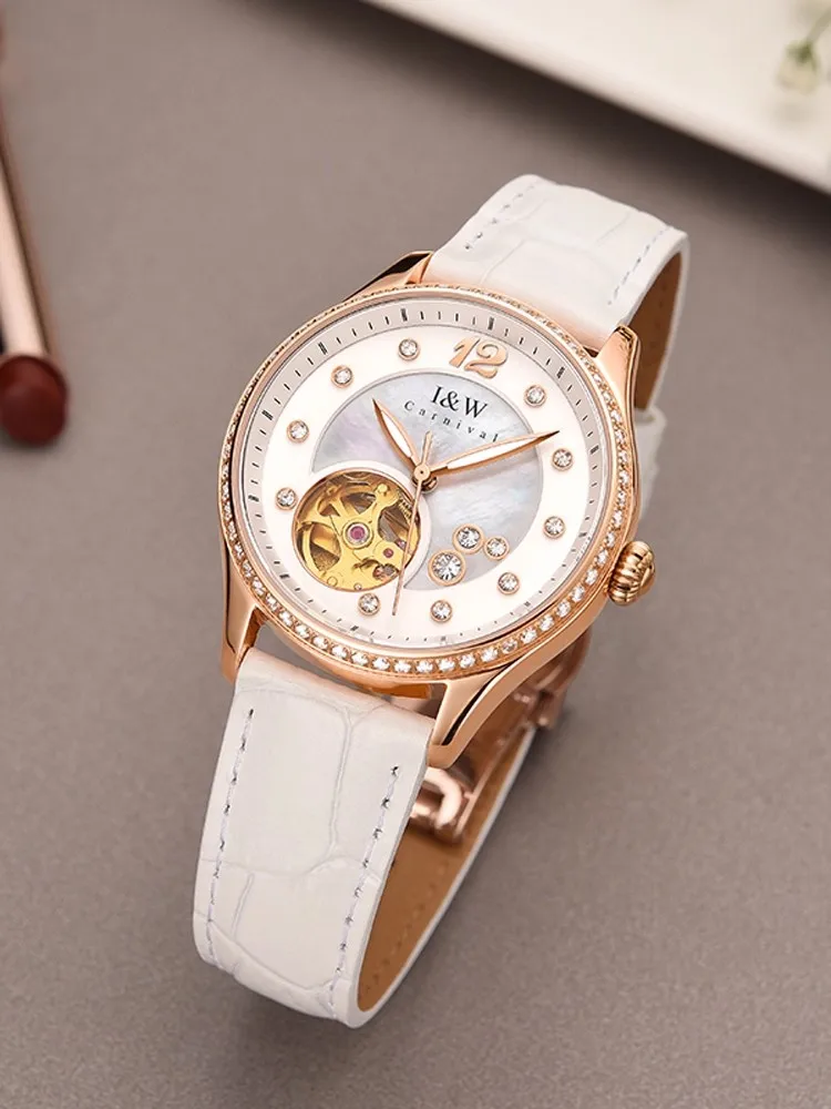 

Роскошные механические женские часы, брендовый корпус с бриллиантами, элегантный кожаный ремешок, водонепроницаемые женские наручные часы, деловые часы для девочек