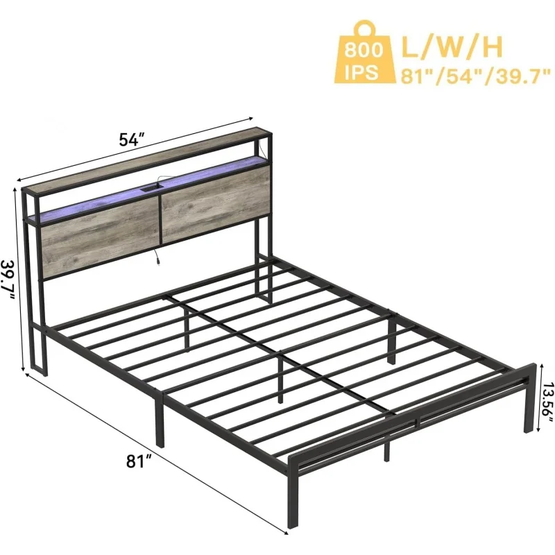 Full Frame Storage Headboard Platform Bed with LED Lights,USB Ports Outlets,Non-Slip,Noise-Free,Strong Metal Slat