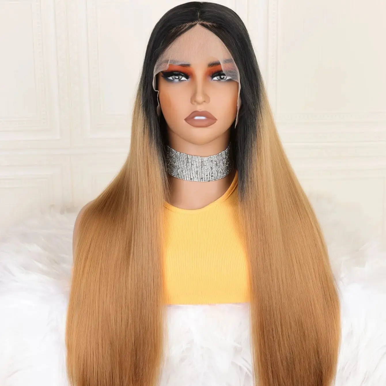 

26-дюймовый длинный блондин с эффектом омбре, плотность 180, бесклеевой синтетический шелковистый прямой парик 13*4*1, парик спереди для чернокожих женщин, предварительно выщипанные детские волосы