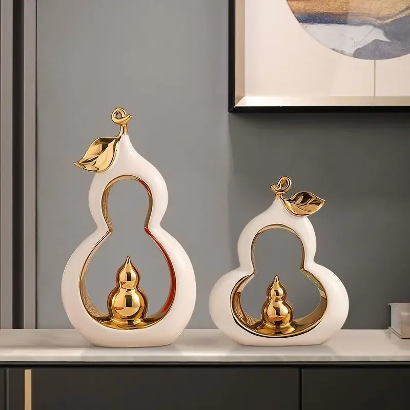 Chinese Fengshui Electroplated Ceramic Gourd Zen Decoration Items Home Room Furnishing Ornaments Office Desk Statue Accessories