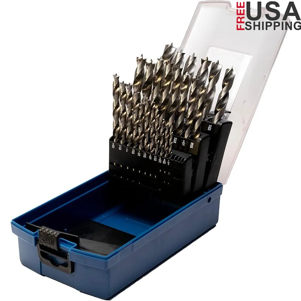 

25 PC HSS Brad Point Drill Bit Set Wood Boring Tools Precise Clean Drilling Durable High Speed Steel Perfect Woodworking