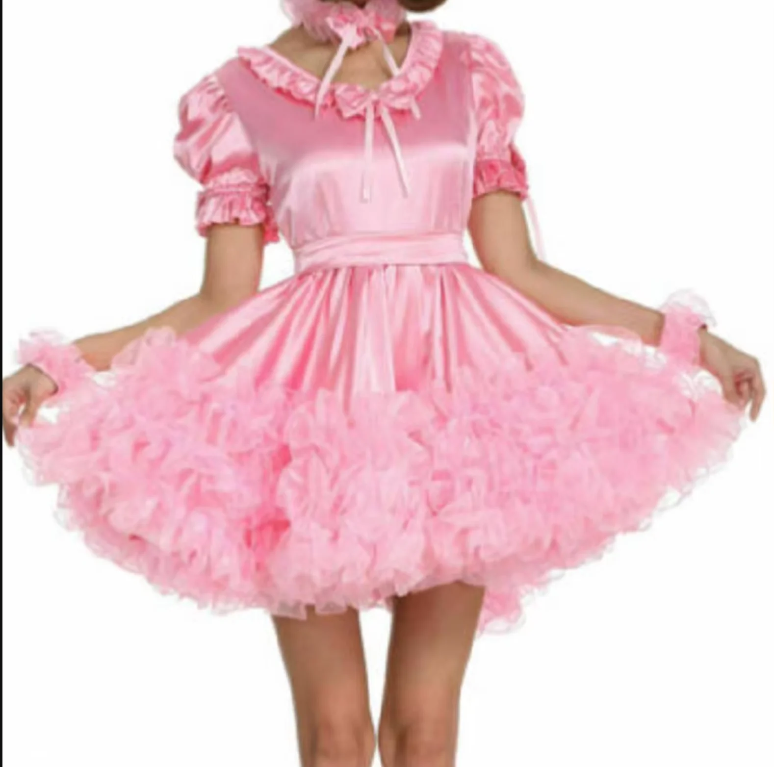 

New Hot Selling Sissy Lockable Pink Satin Organza Maid Dress Adult Baby Crossdresser Party Daily Unisex Dress Customized Dress