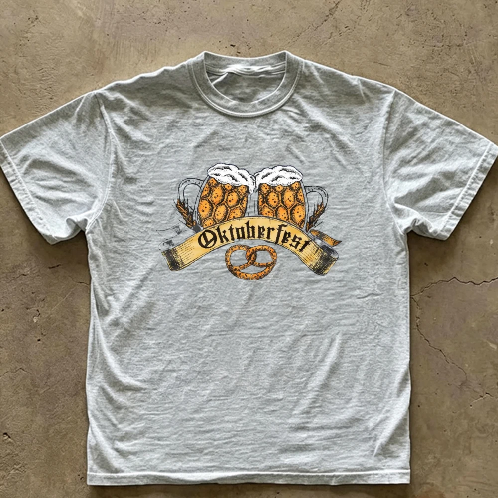 Vintage Oktoberfest Beer Mug Pretzel Graphic T‑Shirt Men Women Retro Ribbon Wheat Element Print Casual Short Sleeve Cotton Tops