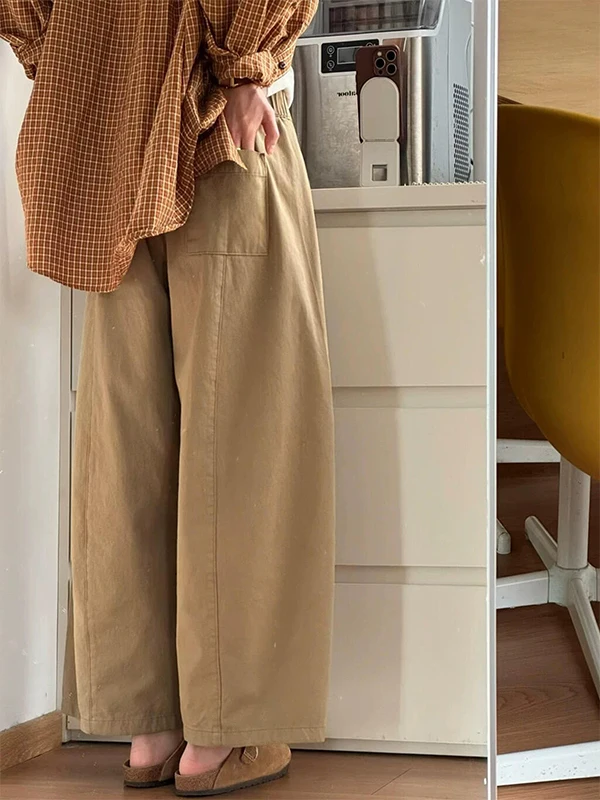 Khaki Wide Leg Pants Women's Spring Summer New Lazy Loose Casual Trousers Nine Points High Waist Straight Tube No Stretch