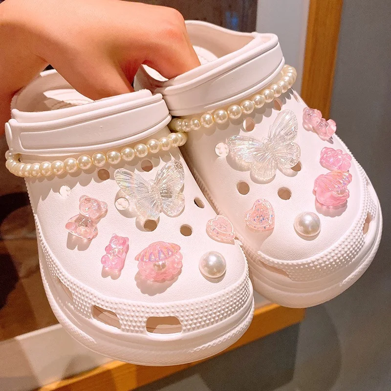 Creative Pearl Bow Tie Hole Shoe Charms Decoration Shoe Buckle Lovely Jeweled Bear 3D Shoes Flower Accessories