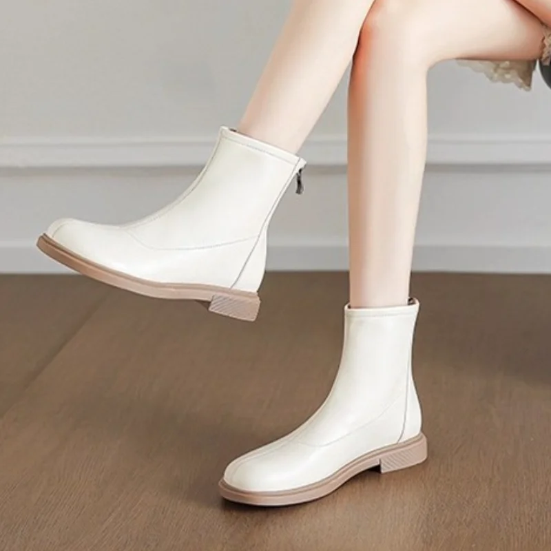 Botines negros genuinos para Mujer, zapatos planos con decoración de cremallera lateral, Botas Chelsea para Mujer, Botines de caballero Vintage marrón para otoño para Mujer