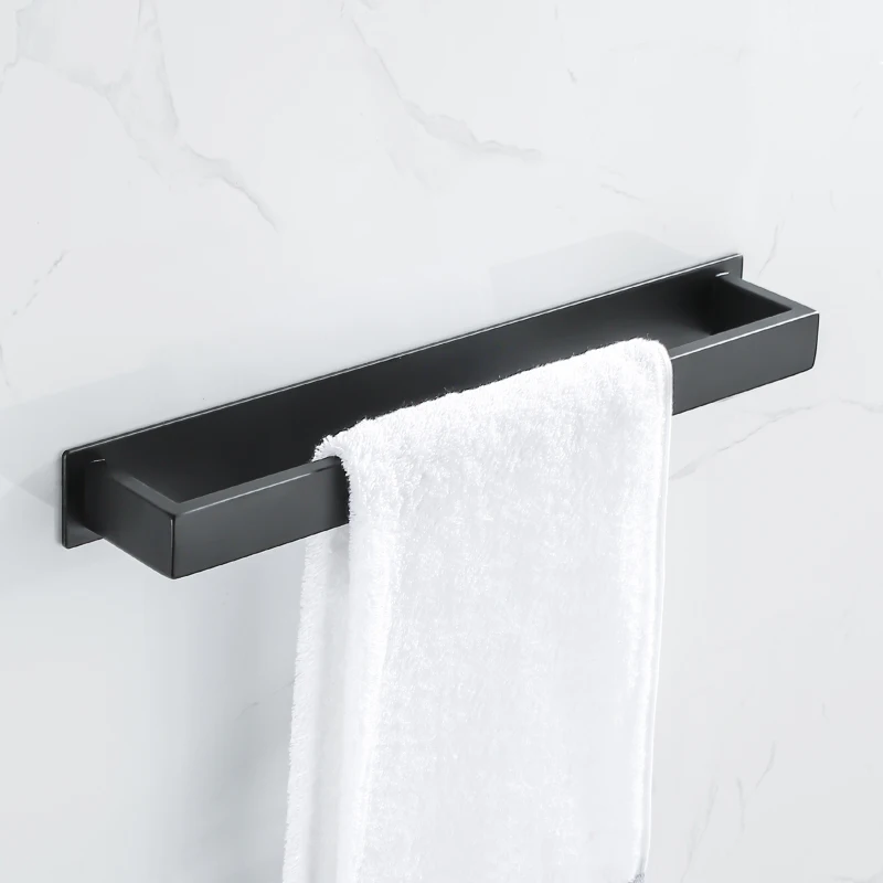 Black Stainless Steel Towel Holder No Drill Wall Shower Towel Shelf Kithchen Towel Hanger Rail Bathroom Towel Rack Self Adhesive