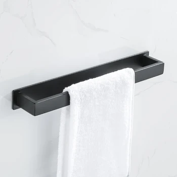 Porte-serviettes en acier inoxydable noir, sans perceuse, étagère murale pour serviettes de douche, porte-serviettes de cuisine, porte-serviettes de salle de bains auto-adhésif