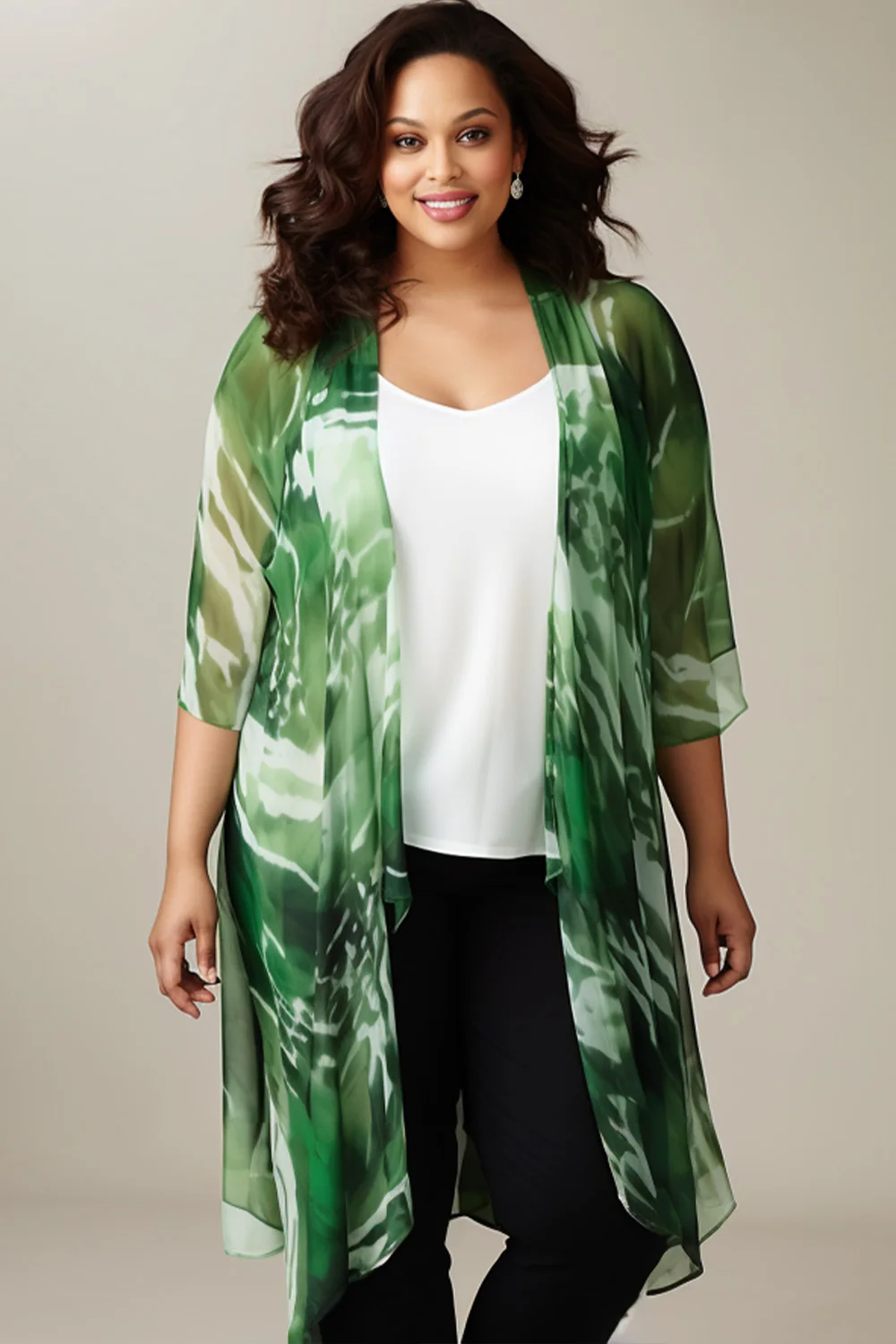 Flycurvy Plus Size Vacation Green Chiffon Marble Print Cascade Front Half Sleeve Cardigan