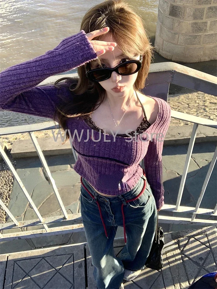 Woman Fake Two Lace Long Sleeved T-shirts Casual Sweet Slim Knitted Sweater Harajuku Korean Fashion Tees Y2k E-girls Tops