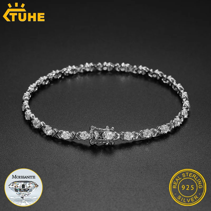 TUHE Classic Moissanite Tennis Bracelet 925 Silver Round Brilliant Cut Diamond Chain for Women Hip Hop Jewelry Gift