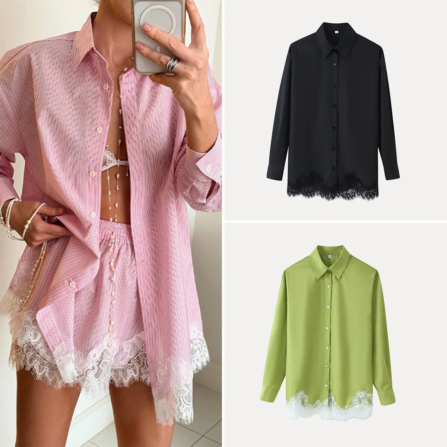 

Women's Fashion Summer Outfit Long Sleeve Collared Lace Patchwork Shirt Shorts Set Five Colors High Waist Striped Mid-Length