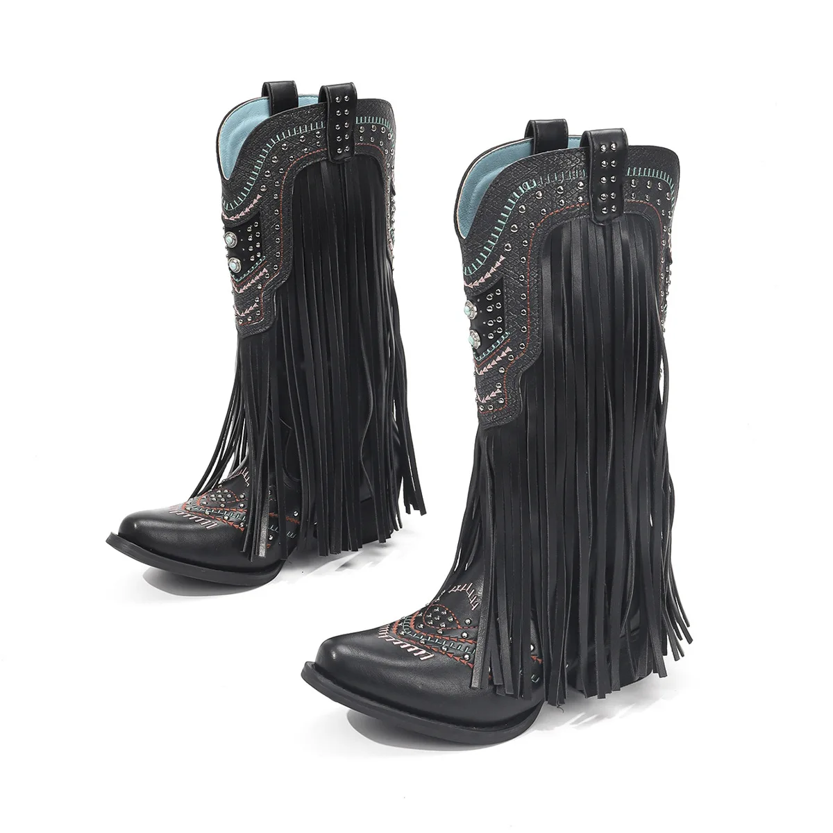 

2026 New Fashion Women's Thick High-heeled Western Autumn and Winter Leather Fringed Beauty Rivet Mid-tube Boots