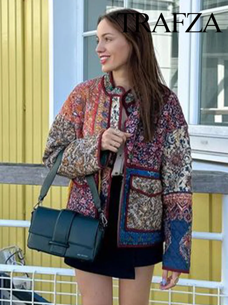 TRAFZA-abrigo de algodón con estampado Floral para mujer, chaqueta informal étnica de manga larga con bolsillo de retales, botones de colores contrastantes, 2023