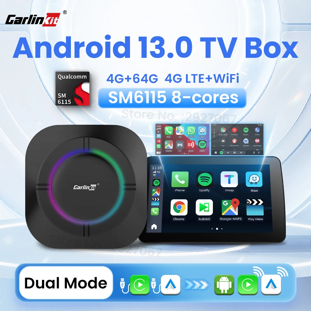 CarlinKit Android 13 CarPlay Ai Box SM6115 8 core Android TV Box Wireless Car Play Android Auto Streaming Box 4G LTE WiFi 4G + 64G