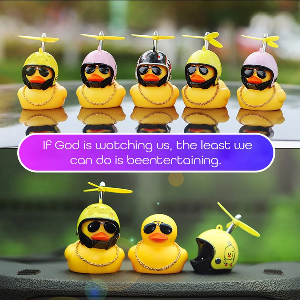 Cute Little Black Yellow Duck With Helmet Propeller Rubber Windbreaker Duck Squeeze Sound Internal Car Decoration Child Kid Toy