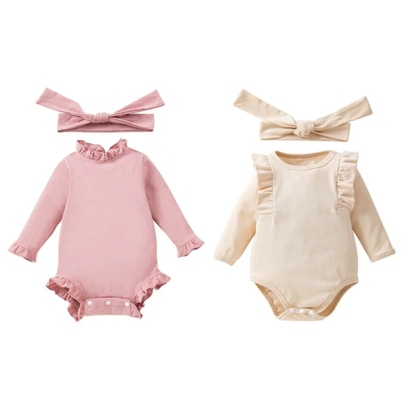 

Autumn Baby Boys Girls Bodysuits Fashion Breathable Long Sleeve Solid Color One-piece Romper With Headband