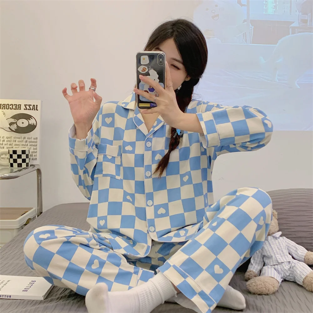 Cartoon Print Korean Kawaii Women Pajama Sets 2024 Spring Autumn New Fashion Sleepwear Classic Casual Plaid Lady Lounge Y2k