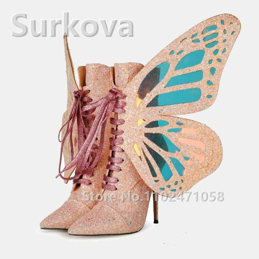 Butterfly Wings Ankle Boots for Women Glitter High Heels Pointed Toe Lace-Up Short Boots Ladies Stiletto Dress Shoes