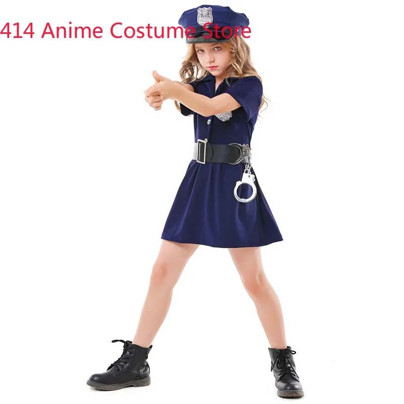 Costume de Cosplay de Police Bleu pour Enfant, Uniforme pour Fille, Déguisement d'Halloween