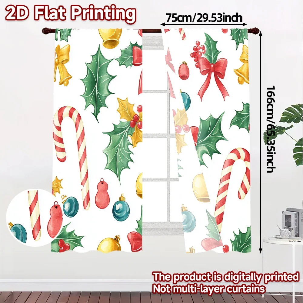 2pcs,Curtains Christmas Candy Holly Bells (4) Modern Window Curtain 100% Polyester Curtains Decorations Outdoor Decorative for