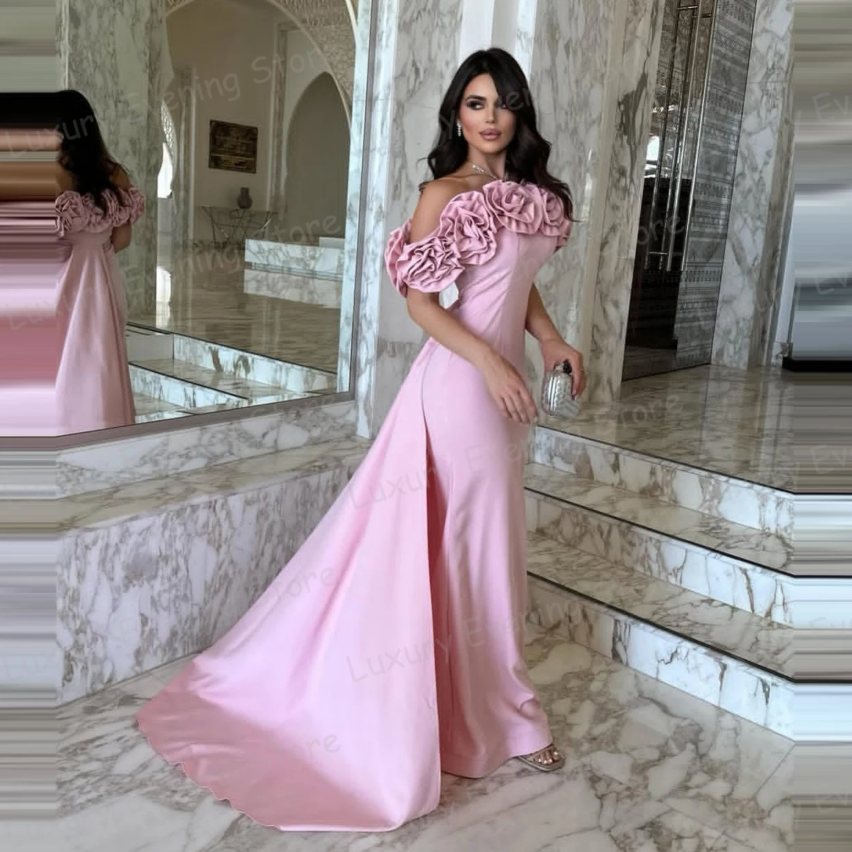 

Elegant Pink Evening Dresses Mermaid Sexy 3-D Flowers Strapless 2025 Fashion Prom Gowns Vestidos De Novia فساتين سهرة Customized