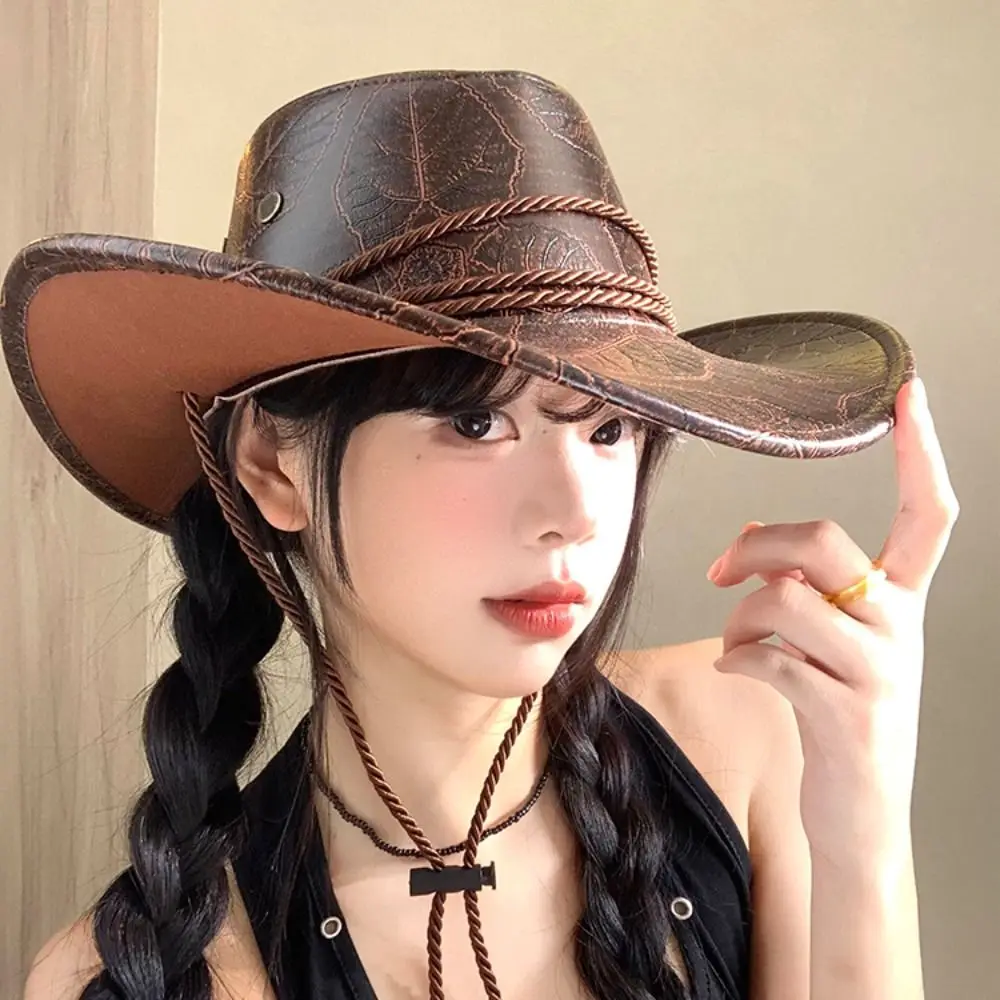 

Cool Ethnic Style Western Cowboy Hat Wide Brim Polyester Cowgirl Jazz Hat Solid Color Roll Brim Visor Cap Girls