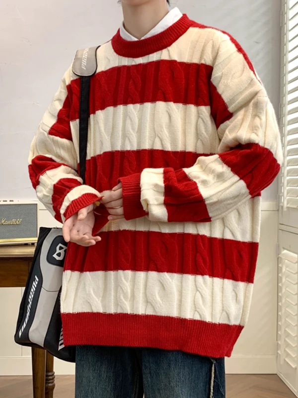 

Осенне-зимний вязаный свитер, мужской модный брендовый круглый неоцветный дизайн в полоску с блузкой, теплая шерстяная одежда