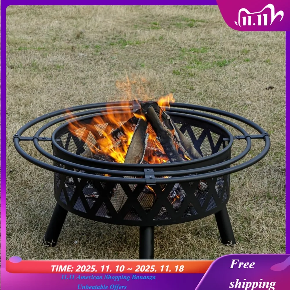 

36 Inch Wood Burning Fire Pit with 2 Loops, Outdoor Fire Pit with Spark Screen & Fire Poker, Cross Weave Firepit for Outside