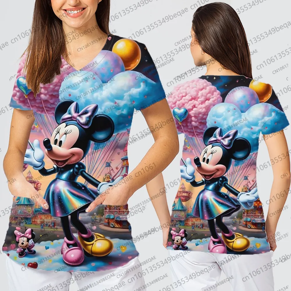 Y2k نمط تي شيرتات قصيرة الاكمام المرأة الكرتون الجرافيك القمم خمر مستوحاة بلايز عادية للسيدات الخامس الرقبة فضفاض ممرضة موحدة
