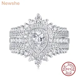 Newshe 925 Sterling Silver Wedding Rings Set for Women Tear Drop CZ Double Halo Engagement Ring with Enhancer Guard Jewelry