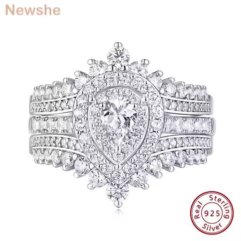 Newshe 925 Sterling Silver Wedding Rings Set for Women Tear Drop CZ Double Halo Engagement Ring with Enhancer Guard Jewelry