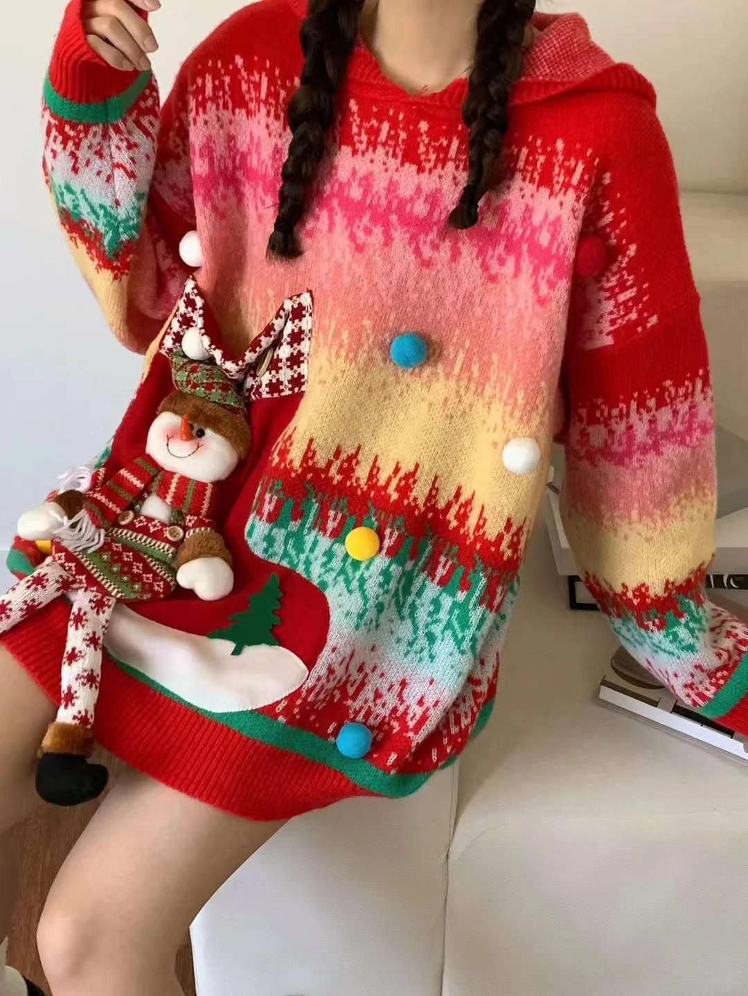 

Christmas hooded loose over, lazy style padded vintage sweater jacket, autumn and winter top knitwear